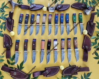 Damascus Steel Skinner Hunting Knives – 6 Inch Forged Blades, Laminated Wood Handles (Set of 20)