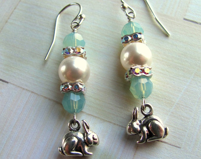 Bunny Earrings Easter Earrings Dangle Pearl Earrings Bunny Jewelry Easter Bunny Earrings Sterling Bunny Earrings Holiday Earrings
