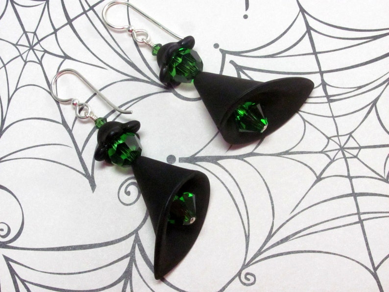 Halloween Earrings Dangle Lucite Earrings Halloween Witch Earrings Witch Earrings Holiday Earrings Green Earrings Black Earrings