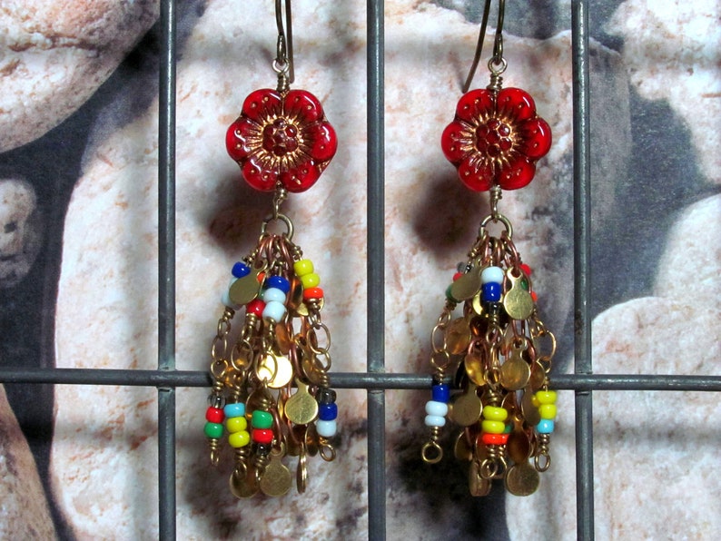 Red Wild Rose Flower Earrings Seed Bead Chain Earrings Boho Earrings Statement Earrings Hippie Earrings Flower Earrings Boho Jewelry