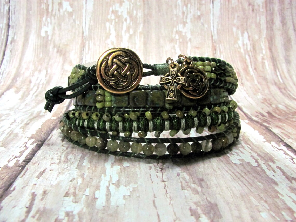 Green Leather Wrap Bracelet Celtic Leather Wrap Bracelet St. Etsy