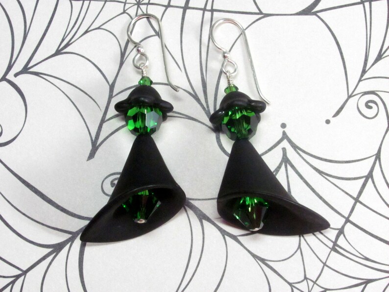 Halloween Earrings Dangle Lucite Earrings Halloween Witch Earrings Witch Earrings Holiday Earrings Green Earrings Black Earrings