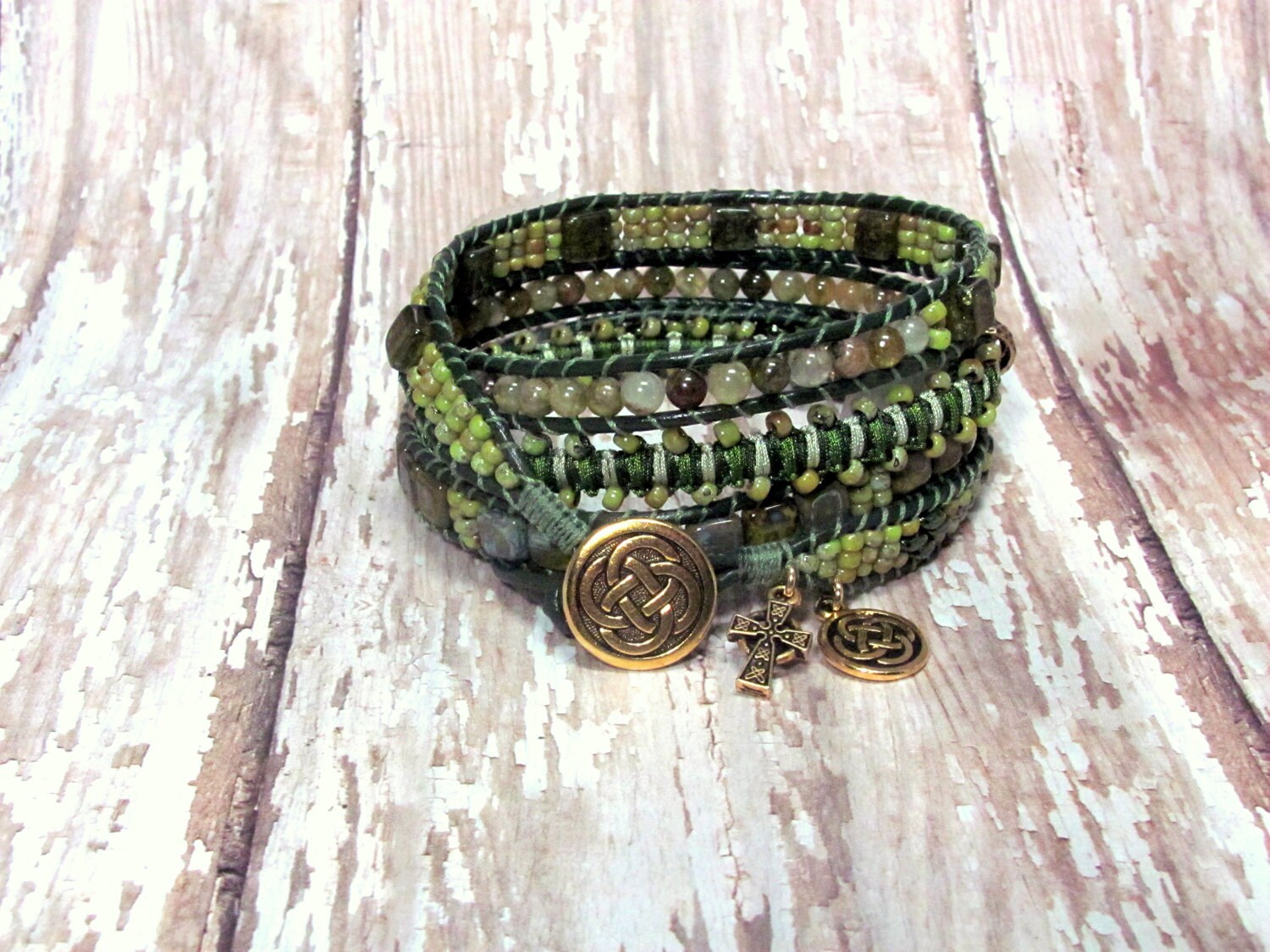 Green Leather Wrap Bracelet Celtic Leather Wrap Bracelet St. Etsy