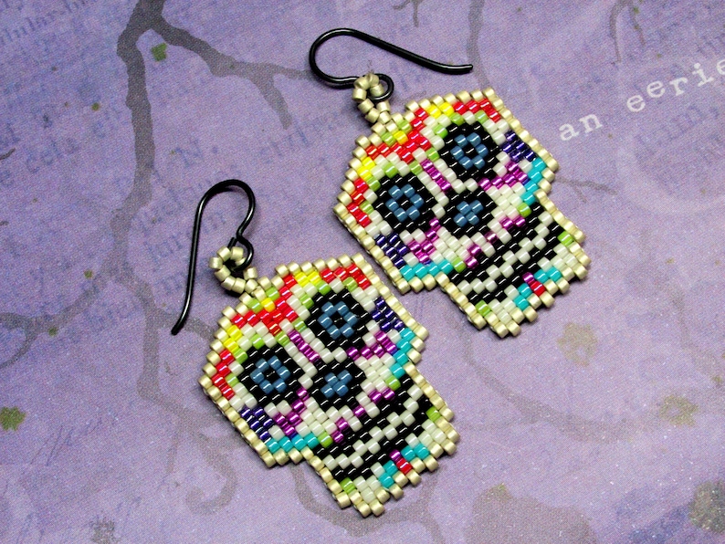 Beaded Halloween Earrings Holidays Seed Bead Halloween Earrings Day of the Dead Sugar Skull Seed Bead Earrings Dia De Los Muertos