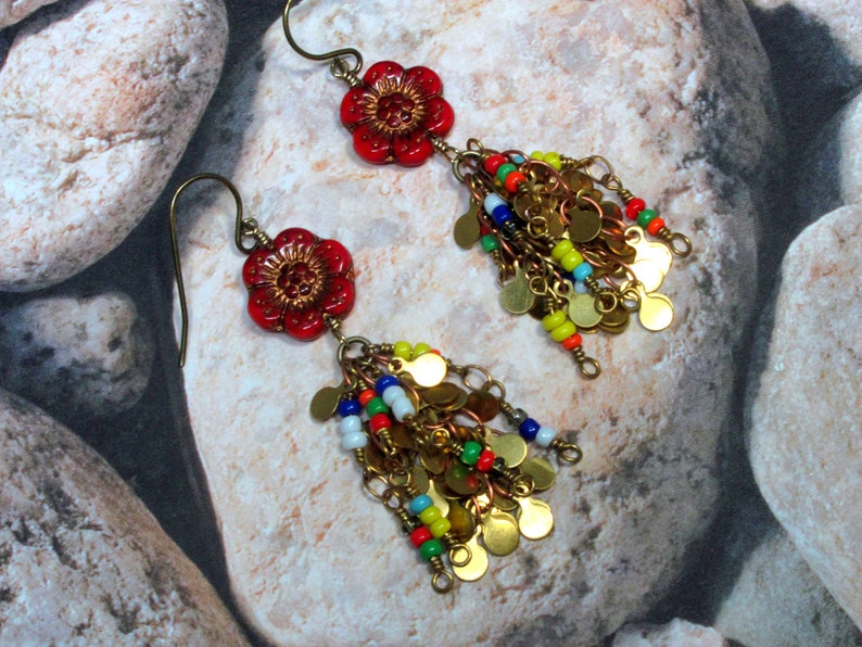 Red Wild Rose Flower Earrings Seed Bead Chain Earrings Boho Earrings Statement Earrings Hippie Earrings Flower Earrings Boho Jewelry