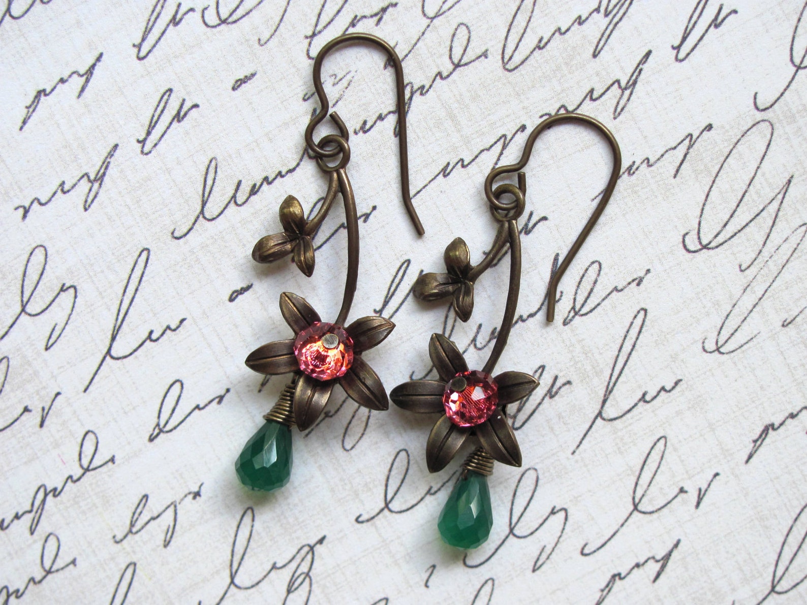 Brass Flower Earrings Vintaj Earrings Swarovski Earrings Etsy