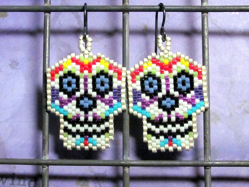 Beaded Halloween Earrings Holidays Seed Bead Halloween Earrings Day of the Dead Sugar Skull Seed Bead Earrings Dia De Los Muertos
