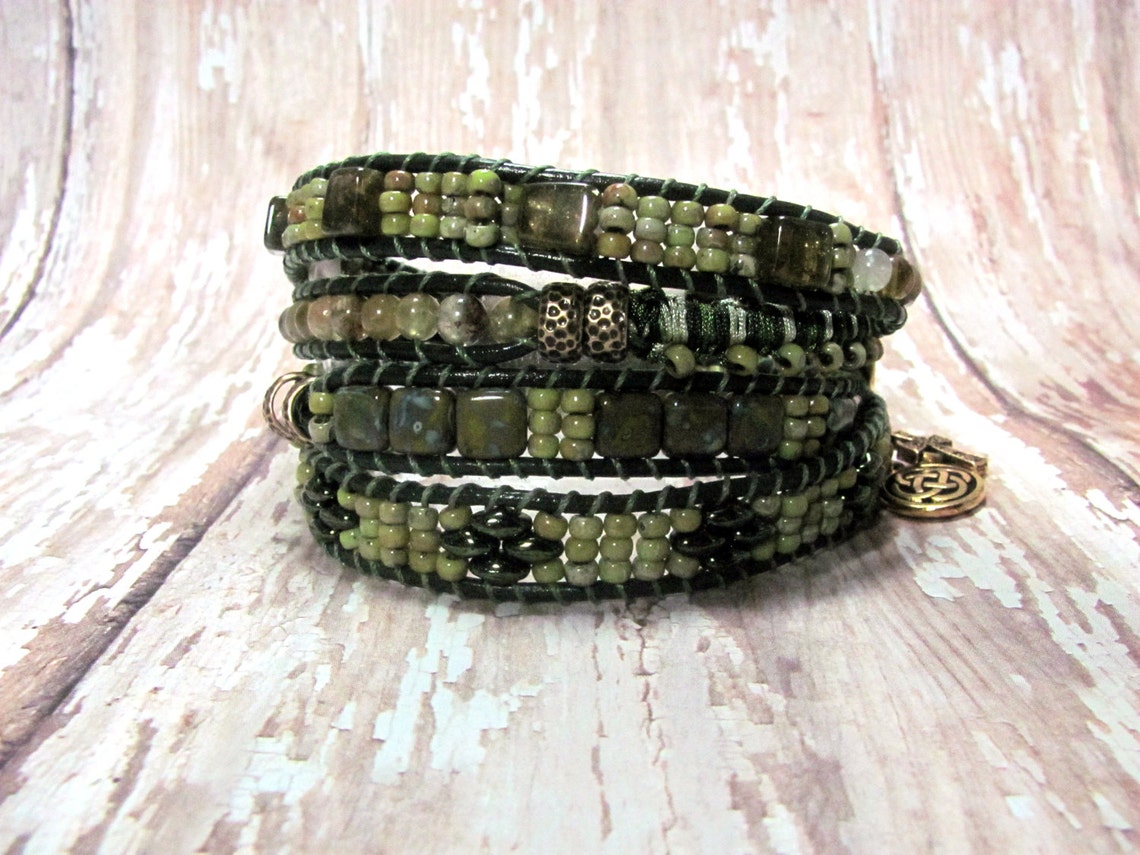 Green Leather Wrap Bracelet Celtic Leather Wrap Bracelet St. Etsy