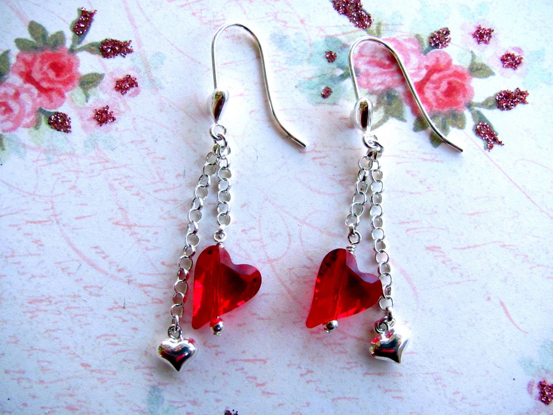 Red Heart Earrings Valentine Earrings Swarovski Earrings | Etsy