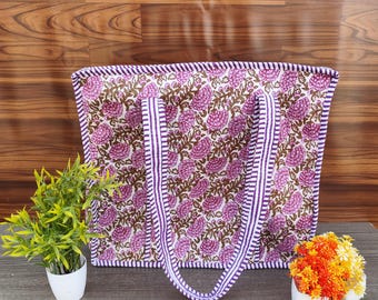 Cotton Quilted Handmade Tote Bag, Pink Floral Print Shopping Bag, Large Grocery Shoulder Zipper Bag, Bohemian Block Print Everyday Tote Bag