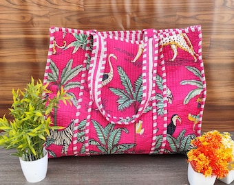 Cotton Quilted Handmade Tote, Tropical Pink Carryall Tote, Jungle Print Grocery Bag, Everyday Shoulder Bag, Lightweight Bold & Trendy Tote