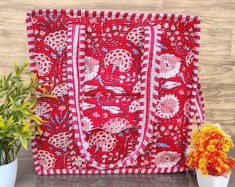 Handmade Cotton Quilted Tote Bag, Hand Block Floral Print Bag, Large Grocery Shopping Bag, Everyday Shoulder Bag, Travel Carryall Tote Bag