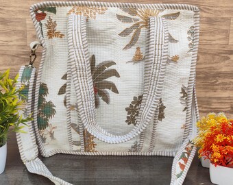 Handmade Cotton Quilted Tote Bag, Neutral Floral Hand Block Print, Zipper Grocery Shopping Tote Bag, Everyday Travel Shoulder Bag