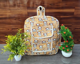 Cotton Quilted Handmade Backpack, Elephant Block Print School Bag, Large Capacity Bag, Stylish Travel Tote Bag, Everyday Carryall Backpack