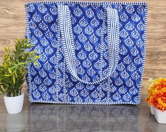 Floral Print Cotton Tote Bag, Handmade Quilted Block Print Tote, Large Shopping Bag with Comfortable Straps, Everyday Travel Shoulder Bag