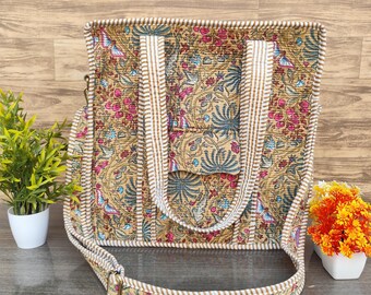 Handmade Quilted Cotton Tote Bag with Shoulder Strap, Floral Block Print Tote with Pocket, Large Grocery Everyday Shopping Bag, Carryall Bag