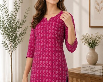 Ręcznie robiona bawełniana różowa krótka kuti, etniczna tunika damska na co dzień, wygodna i lekka, modna kurti na co dzień, elegancka, designerska kurti