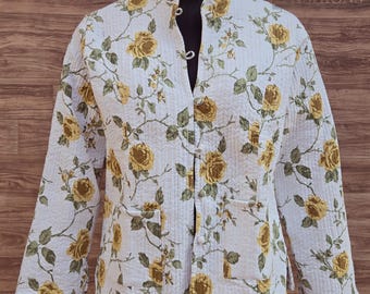 Cotton Quilted Handmade White Jacket, Floral Rose Print Jacket, Block Print Quilted Coat, Ethnic Boho Festival Wear, Lightweight Outwear