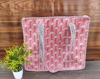 Handmade Cotton Quilted Tote Bag, Pink Floral Block Print Shopping Bag, Market Grocery Shoulder Bag, Boho Style Carryall Tote Bag,