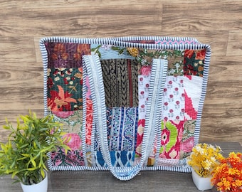 Patchwork Grocery Zipper Tote Bag, Cotton Quilted Handmade Shoulder Bag, Shopping Bag with Comfortable Straps, Everyday Travel Carryall Bag