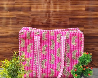 Handmade Quilted Cotton Tote, Pink Leopard Print Zipper Shoulder Bag, Gift for Her