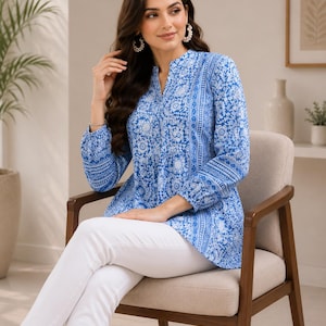 Handmade Cotton Short Kurti, White Floral Print Women Blue Kurti, Lightweight & Comfortable Everyday Ethnic Top, Elegant Design Soft Kurti image 7