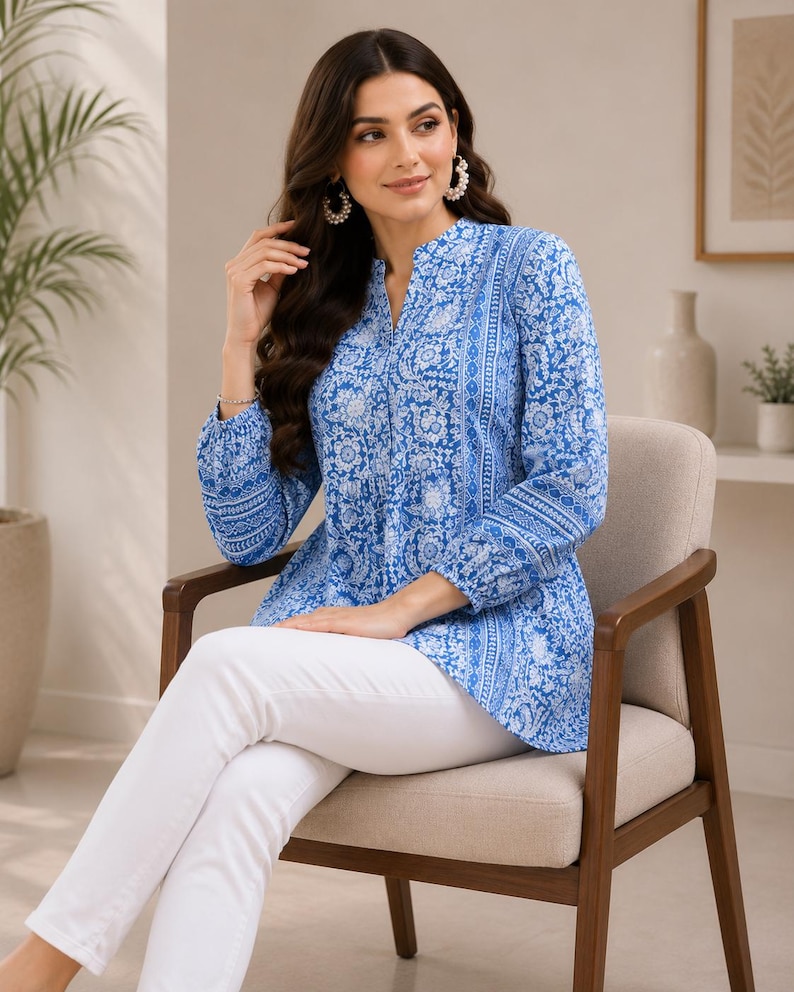 Handmade Cotton Short Kurti, White Floral Print Women Blue Kurti, Lightweight & Comfortable Everyday Ethnic Top, Elegant Design Soft Kurti image 7