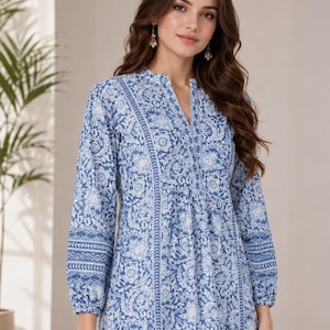 Handmade Cotton Short Kurti, White Floral Print Women Blue Kurti, Lightweight & Comfortable Everyday Ethnic Top, Elegant Design Soft Kurti image 2