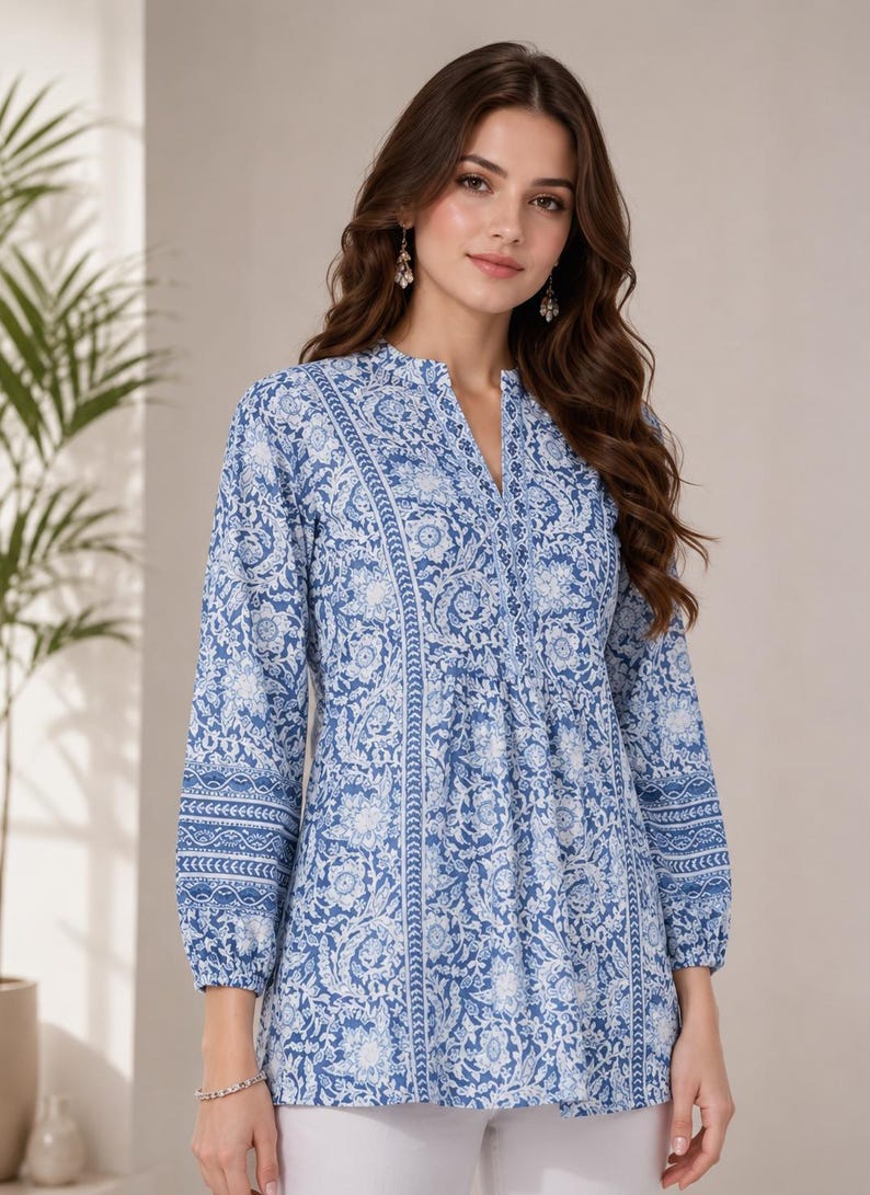 Handmade Cotton Short Kurti, White Floral Print Women Blue Kurti, Lightweight & Comfortable Everyday Ethnic Top, Elegant Design Soft Kurti image 2