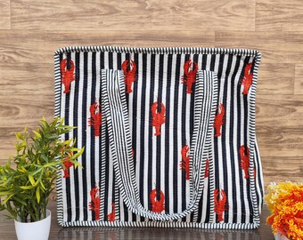 Lobster Hand Block Print Tote Bag, Handmade Cotton Quilted Shoulder Bag, Large Grocery Shopping Bag, Everyday Travel Carryall Gift for Women