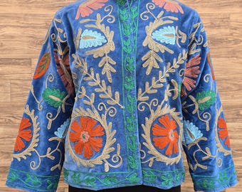 Sujani Velvet Handmade Embroidered Jacket, Colorful Floral Embroidery Coat, Ethnic Boho Festival Jacket, Aesthetic Style Occasion Wear