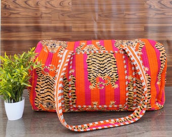Torba bawełniana pikowana, ręcznie robiona, torba weekendowa Kantha z nadrukiem tygrysa, torba w stylu boho z nadrukiem bloku do jogi, torba podróżna na siłownię dla każdego