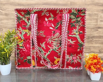 Floral Print Cotton Quilted Tote Bag, Handmade Everyday Red Shoulder Bag, Hand Block Print Shopping Bag, Large Grocery Tote Bag for Women