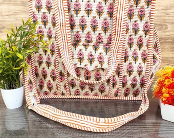 Cotton Quilted Handmade Tote Bag, Floral Hand Block Print Zipper Bag, Large Grocery Shopping Bag, Everyday Travel Shoulder Bag, Gift for Her