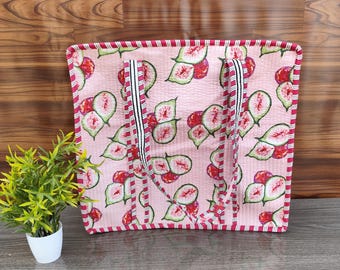Quilted Cotton Tote Bag, Fig Print Pink Tote, Handmade Aesthetic Shoulder Bag, Large Grocery Everyday Bag, Cute Block Print Shopping Bag