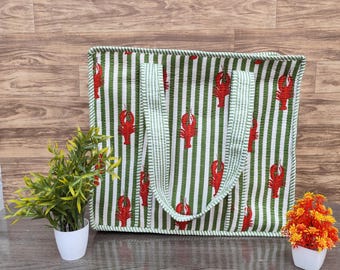 Red Lobster Print Cotton Tote Bag, Handmade Quilted Everyday Shoulder Bag, Large Grocery Shopping Bag, Lightweight Travel Comfortable Bag
