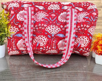 Handmade Cotton Quilted Duffle Tote Bag, Hand Block Floral Print Bag, Large Grocery Shopping Bag, Everyday Shoulder Carryall Red Bag