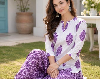 Ręcznie robiony bawełniany damski komplet Kurta Patiala, kwiatowy wzór, fioletowa, etniczna, miękka odzież, codzienny, wygodny i lekki, modny komplet Kurta