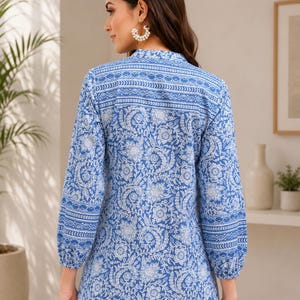 Handmade Cotton Short Kurti, White Floral Print Women Blue Kurti, Lightweight & Comfortable Everyday Ethnic Top, Elegant Design Soft Kurti image 5