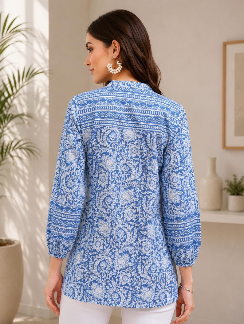Handmade Cotton Short Kurti, White Floral Print Women Blue Kurti, Lightweight & Comfortable Everyday Ethnic Top, Elegant Design Soft Kurti image 5