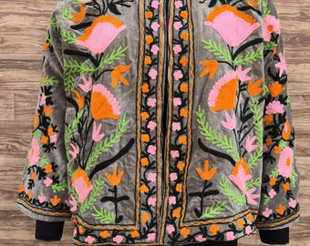 Sujani Velvet Handmade Embroidered Jacket, Floral Boho Women Jacket, Vintage Grey Ethnic Coat, Festival Bohemian Jacket, Winter Boho Jacket