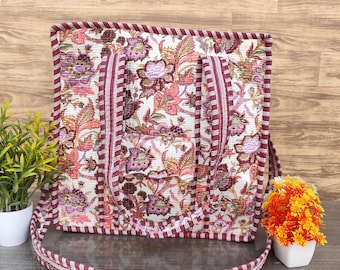 Floral Hand Block Print Shoulder Bag, Cotton Quilted Handmade Tote Bag, Large Grocery Shopping Bag with Pockets, Everyday Travel Zipper Bag