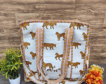 Leopard Print Handmade Tote Bag, Cotton Quilted White Dual Carry Bag, Grocery Zipper Shoulder Bag, Everyday Travel Sling Strap Tote Bag
