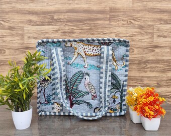 Jungle Hand Block Print Tote Bag, Handmade Cotton Quilted Tote Bag, Shoulder Bag with Comfortable Straps, Everyday Grocery & Travel Tote Bag