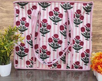 Floral Print Handmade Tote Bag, Cotton Quilted Shoulder Bag, Hand Block Print Bag, Large Grocery Shopping Bag, Boho Style Pink Bag for Women
