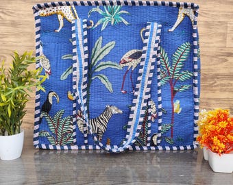 Handmade Cotton Quilted Tote Bag, Jungle Hand Block Print Blue Tote Bag, Everyday Shopping Shoulder Bag, Lightweight Travel Comfortable Bag