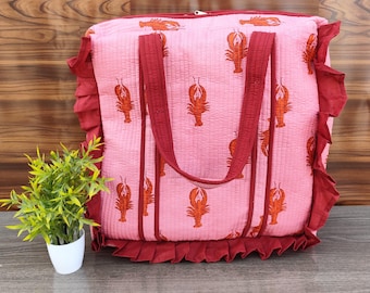 Handmade Cotton Quilted Tote Bag, Pink Travel Tote with Ruffle Edges, Large Grocery Shopping Bag, Lobster Print Everyday Shoulder Carry Bag