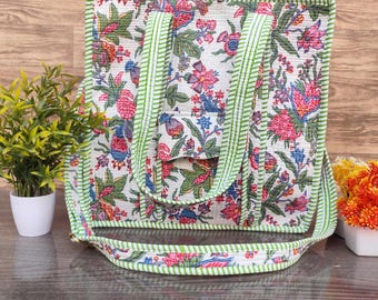 Handmade Cotton Quilted Tote Bag, Floral Print Shoulder Bag, Block Print Tote, Large Grocery Shopping Bag, Boho Style Bag, Gift for Women