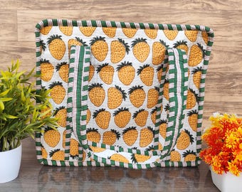 Handmade Cotton Quilted Tote Bag, Yellow Strawberry Hand Block Print Bag, Large Grocery Shopping Bag, Everyday Travel Shoulder Bag for Women