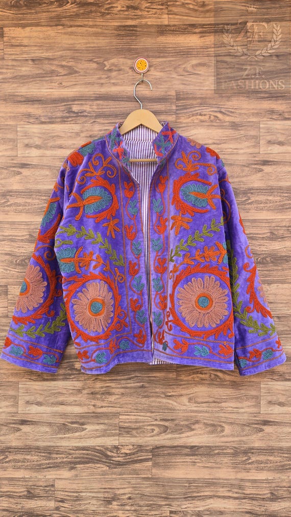 スジャニベルベット手刺繍ジャケット、カラフルな花柄刺繍コート